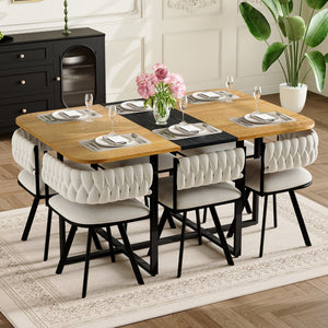 English Elm 7-piece Rectangular Dining Set Faux Marble Velvet Chairs Modern Apartment Table Beige,Black,Wood W3875S00129