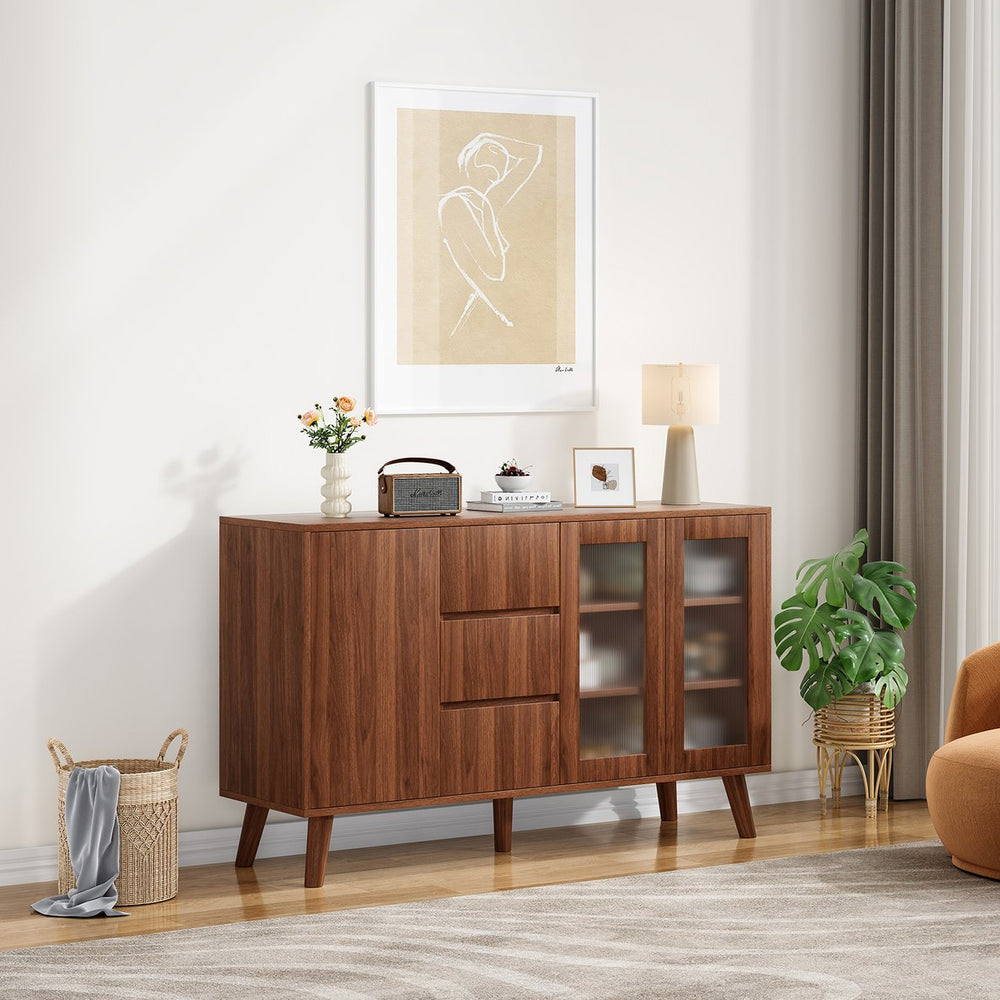 English Elm Farmhouse Buffet Cabinet with Pop-Up Doors and 3 Drawers — Rustic 55.5" Sideboard for Dining Room Walnut T3623P408446