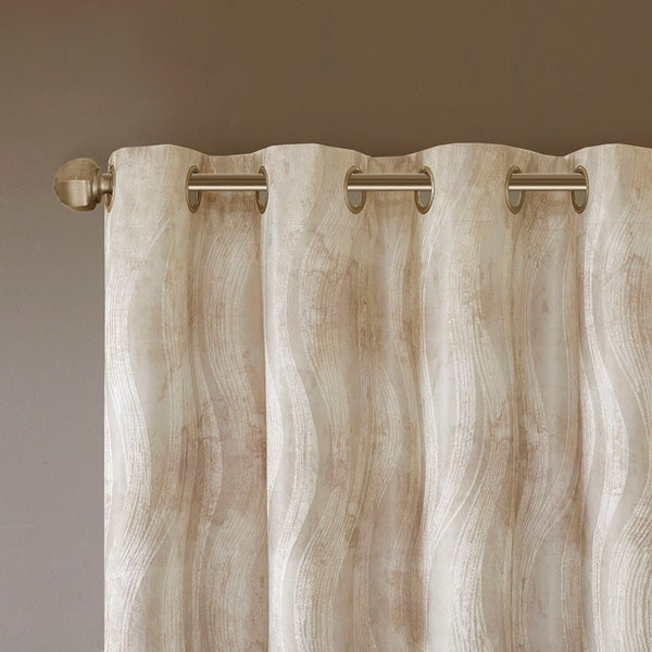 English Elm Printed Jacquard Grommet Top Total Blackout Curtain Panel Ivory Wavy Sheen 50x95 Energy-Saving Privacy B03599809