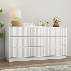 English Elm 9 Drawer Matte Wood Dresser with Wave Front Mid Century Modern Low Profile Storage White W409P387581