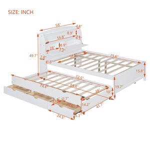 English Elm Full Size Wooden Led Platform Bed With Trundle, Storage Headboard, Usb Ports, And Drawers In White N820S10009K