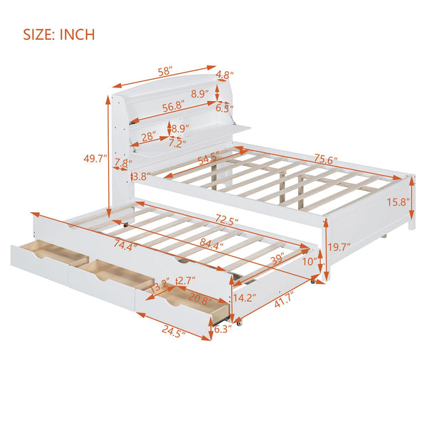 English Elm Full Size Wooden Led Platform Bed With Trundle, Storage Headboard, Usb Ports, And Drawers In White N820S10009K
