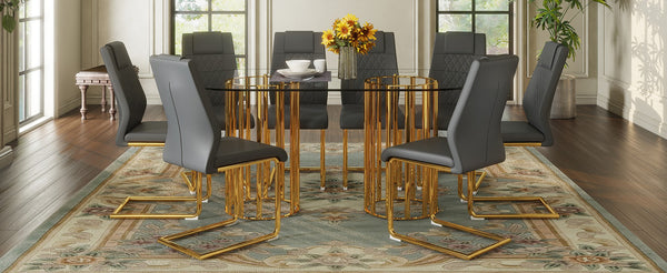 English Elm Table and Chair Set 8 Seater Oval Glass Dining with Glamorous Gold Base Modern Luxe Dark Gray,Gold,Transparent W1151S04723