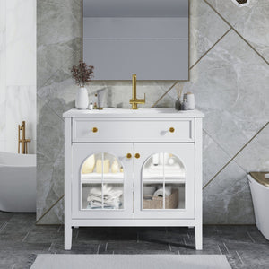 English Elm 35.6" Freestanding Bathroom Vanity with Roman Column Base and Ceramic Integrated Sink White W1801S00001