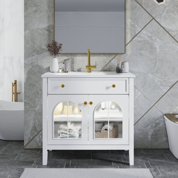 English Elm 35.6" Freestanding Bathroom Vanity with Roman Column Base and Ceramic Integrated Sink White W1801S00001