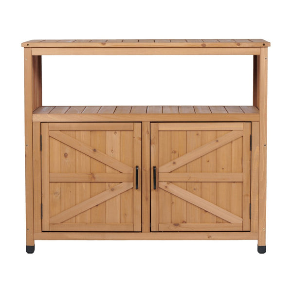 English Elm Wooden Solid Bar Height Buffet Cabinet with Slatted Panels for Patio or Dining Room W2640P330336