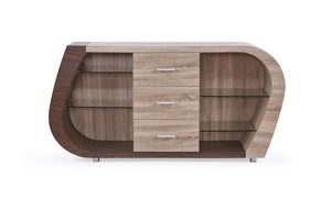 English Elm TONY Buffet in Brown Beige Oak Finish – Contemporary Solid Wood & MDF Sideboard with Glass, 3 Drawers, Open Shelves and Spacious Storage B201P215785