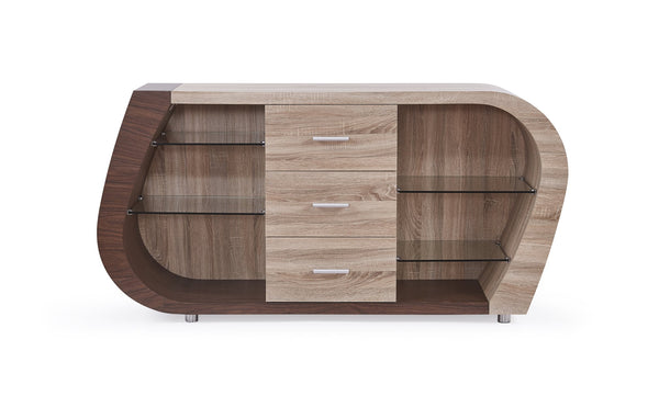 English Elm TONY Buffet in Brown Beige Oak Finish – Contemporary Solid Wood & MDF Sideboard with Glass, 3 Drawers, Open Shelves and Spacious Storage B201P215785