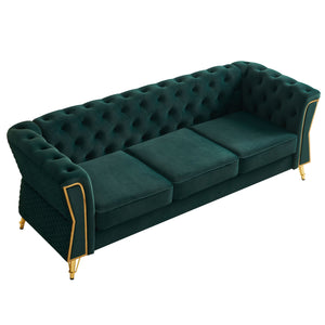English Elm Modern Tufted Velvet Sofa 87.4" Green — Mid-Century Chesterfield Charm, Gold Accents, Plush Comfort W579P330003
