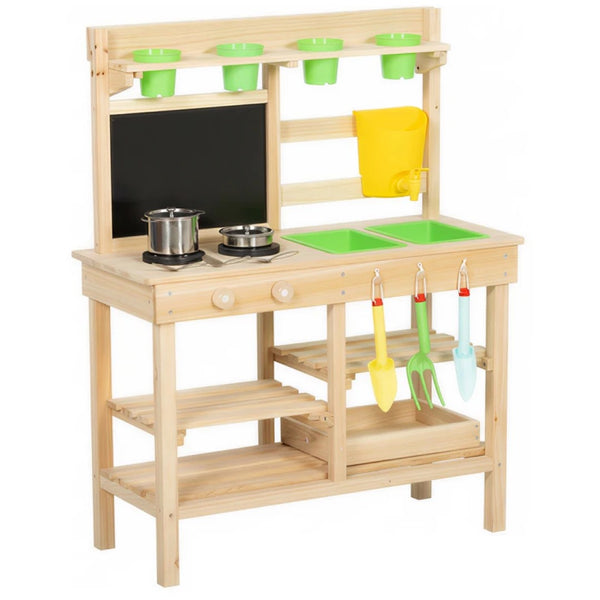 English Elm Wooden Fir Outdoor Play Kitchen for Kids with Dual Sinks Blackboard and 15 Accessories T3971P480683