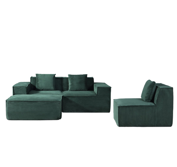 English Elm CozyForm Corduroy Convertible Sectional Sofa with Ottoman and Pillows, Modular L‑Shape Sleeper Comfort Dark Green B2735S00032