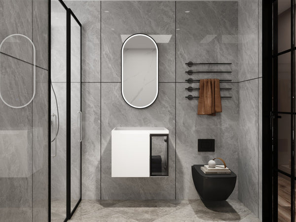 English Elm 24" Floating Bathroom Vanity Glossy White Plywood Cabinet with Grey Glass Doors W999P387157
