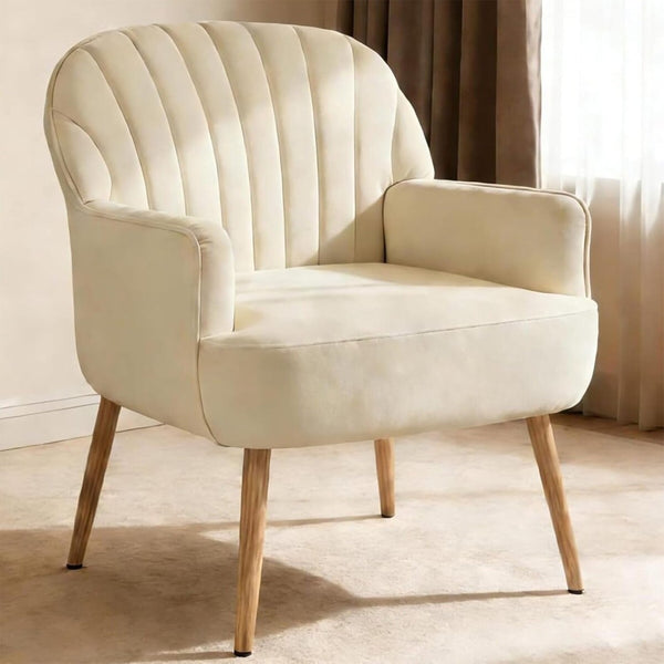English Elm Velvet Barrel Accent Chair Tufted Shell Back with Metal Legs for Living Room Beige W5722P462508