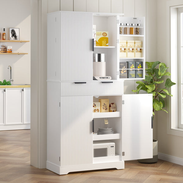 English Elm 72" Fluted Kitchen Pantry Cabinet with Anti-Tilt Stabilizers, Triple-Fold Hinges, Spice Door Racks and Deep Storage White W2917P294978