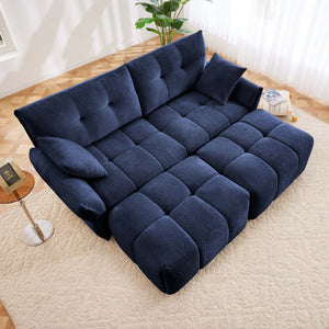 English Elm 2 Seater Sofa Set with Ottomans and Throw Pillows Plush Chenille Tufted Design Durable Wood Frame Comfort Blue W714S01147