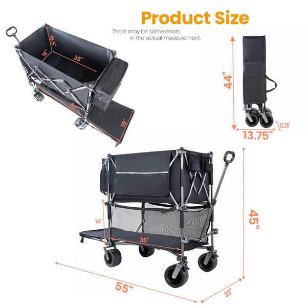 English Elm 55" Double Decker Collapsible Wagon 560lb Capacity Alloy Steel Frame All-terrain Wheels Black W2932P405185