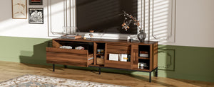 English Elm U-can Mid Century Walnut Media Console with Sliding Doors and Metal Frame for Living Rooms Brown N724P360370D