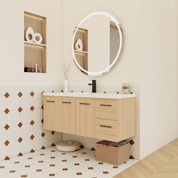 English Elm 48" Light Oak Wall Mounted Bathroom Vanity Modular Cabinet with Gel Coat Sink Top W3450S00088
