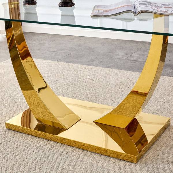 English Elm Large Tempered Glass Dining Table Seats Eight with Gold Plated Stainless Steel Base W1512S00192