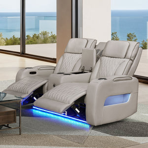 English Elm Jazz 74"W Leather Aire Power Reclining Loveseat with Bluetooth Speakers, LED Lighting, USB-C Ports White B061P361346