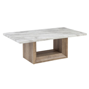 English Elm Gregory Marble Coffee Table with Pedestal Base, Light Brown Wood Finish, Contemporary Solid Wood Style Black+Ivory 55 L x 31 W x 7.5 H B201P299633