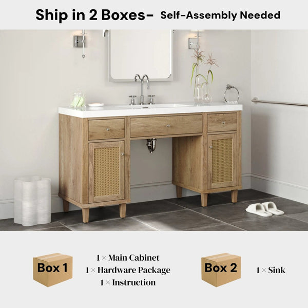 English Elm 60 Inch Double Sink Bathroom Vanity Rattan Pine Legs Soft Close Storage Brown Wood N817P296127N