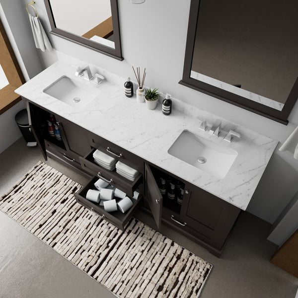 English Elm Espresso Double Bath Vanity 80" W With Carrara Marble Top, Soft-Close Drawers & Ample Storage B2731P258283