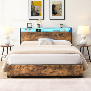 English Elm Full Bed Frame with Storage Headboard, USB Charging, RGB LED Lights, 4 Drawers, Sturdy Metal Design W2129P192350
