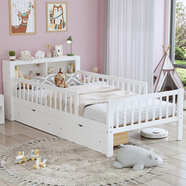 English Elm Twin Size Bed With Headboard Storage, Two Drawers, Safety Guardrails, And Stylish White Finish N733P272374K-GIGA