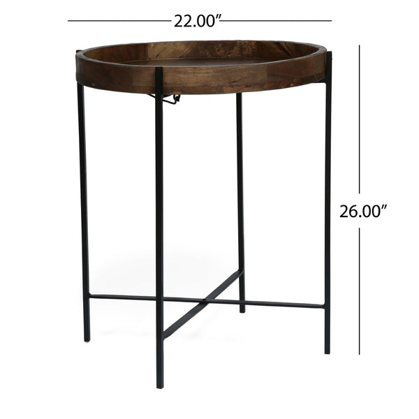 English Elm Round Mango Wood Tray Top End Table with Foldable Iron Legs for Living Room 68815.00