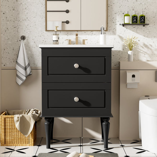 English Elm 24'' French-Style Bathroom Vanity with Ceramic Sink, Black Long Legs, 2 Drawers, Moisture-Resistant Elegance N710P195621B