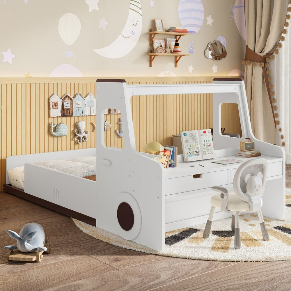 English Elm Twin Car Shaped Floor Bed with Storage Drawers and Built in Desk for Kids W1580P396323