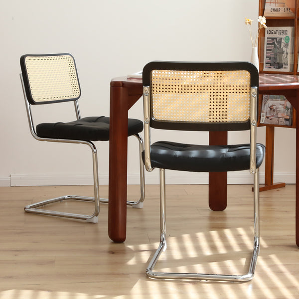 English Elm Dining Mid-Century Cantilever Chairs Set of 2 with Chrome Frame, Rattan Back and Faux Leather Seat Black W2105P230510