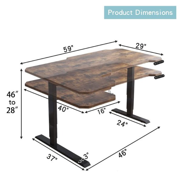 English Elm L-shaped Electric Standing Desk with Memory Presets and Cable Management for Home Office Rustic Brown W614P431986