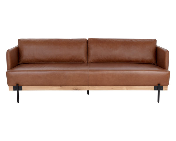 Sunpan Saul Sofa - Handcrafted Comfort with Rustic Oak Frame and Black Iron Legs for Timeless Elegance Shalimar Tobacco Leather