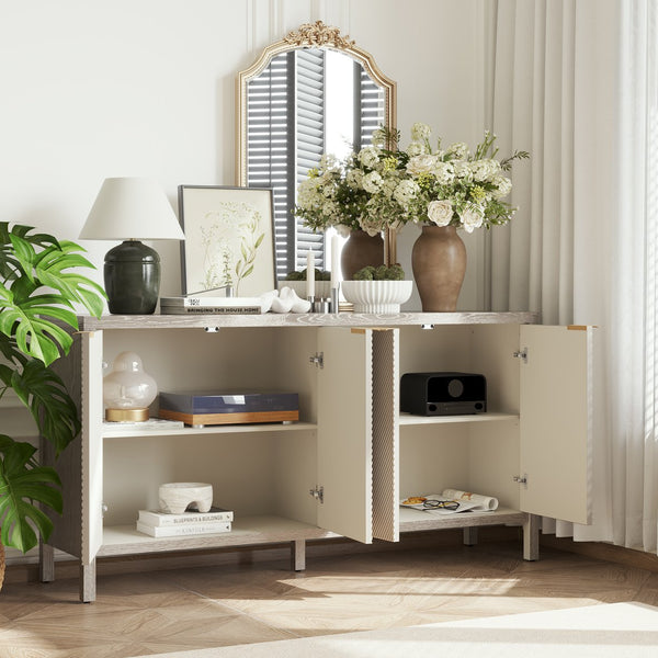 English Elm Sideboard Champagne 59" Modern Wood Buffet Cabinet with 4 Doors, Adjustable Shelves, 220lb Top Capacity W757P203146