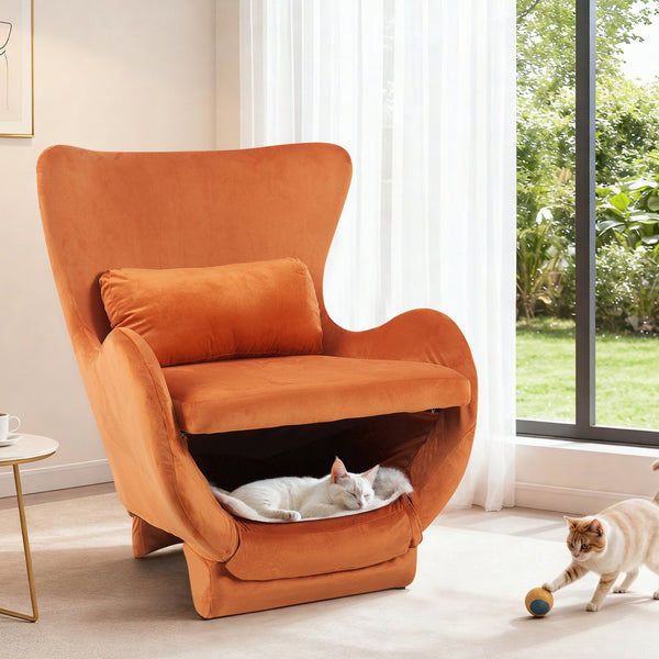 English Elm Furniture Plush 2-in-1 Pet-Friendly Mid Century Modern Accent Chair with Velvet Upholstery, Removable Base and Ergonomic Support for Living Room Orange N843P331163S
