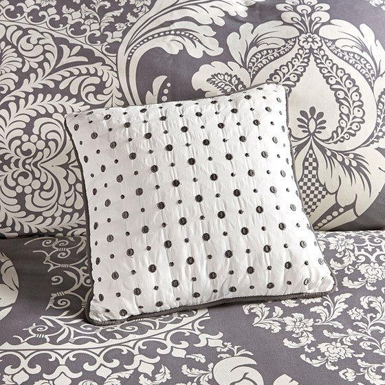 English Elm 7 Piece Cotton Printed Comforter Set - Elegant Grey King Bedding With Damask Design & Pillows B03597028