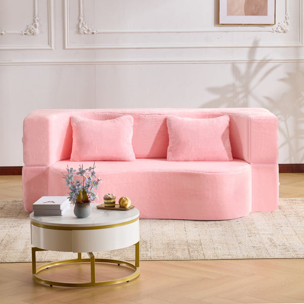 English Elm 71-inch plush folding sofa bed with high-density foam, faux fur futon convertible for guests and yoga Pink W1829P362300