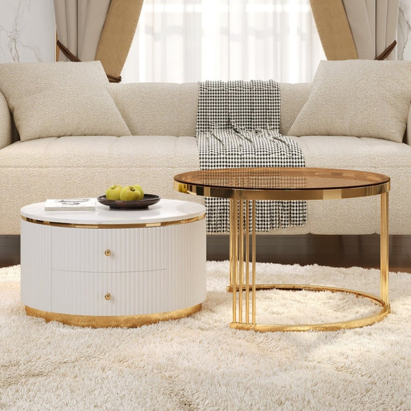 English Elm Modern Round Nesting Coffee Table Set with Gold Pedestal Legs and Storage Drawers Brown,White N735P349323D