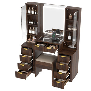 English Elm 43.5" Fluted Makeup Vanity with Led Mirror Glass Top Gold Hardware and Storage Stool Brown N704G202305P