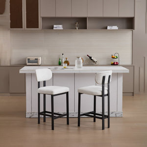 English Elm Bar Stools Set of 2 Upholstered Fabric Seat with Foam Cushion Black Metal Legs Cream W3244P310202