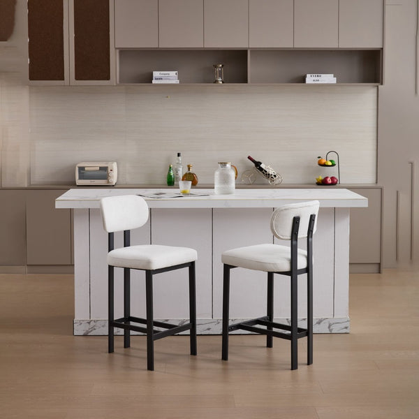 English Elm Bar Stools Set of 2 Upholstered Fabric Seat with Foam Cushion Black Metal Legs Cream W3244P310202