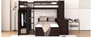 English Elm Full Twin Loft Bed with Desk Wardrobe Shelves Pine Wood Frame Kids Bedroom Espresso LT000821AAP-1