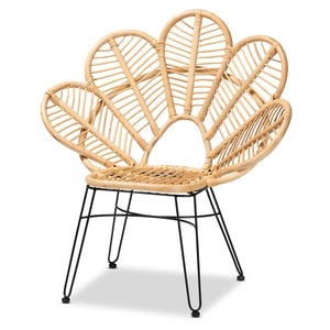 English Elm Modern Bohemian Rattan Accent Chair with Leaf Backrest and Black Metal Legs B2750P470056
