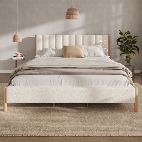English Elm Christopher Knight Home® - King Boucle Upholstered Bed Frame with Plush Vertical Headboard, Solid Wood Legs, No Box Spring Needed White N757P256984K