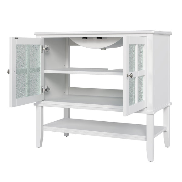 English Elm Christopher Knight Home® - 36" Bathroom Vanity with Ceramic Sink, Solid Wood Legs, Waterproof Finish, Soft-Close Hinges, Open Shelf, Silver Knobs White N817P286249W