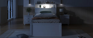 English Elm Twin LED Platform Bed with Trundle and Under-Storage Drawers, Flip-Up Headboard, USB Ports White N820S10008K