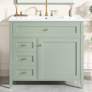 English Elm 36-Inch Green Bathroom Vanity With Sink - Modern Mdf & Rubberwood Freestanding Storage Solution N725P350821F
