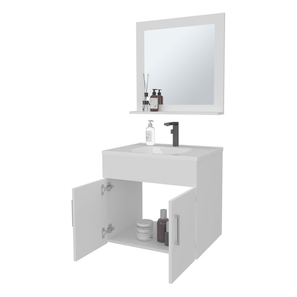 English Elm Slater Floating Bathroom Vanity Set with Sink and Mirror Shelf, Space-Saving 24" White Cabinet B128P314805